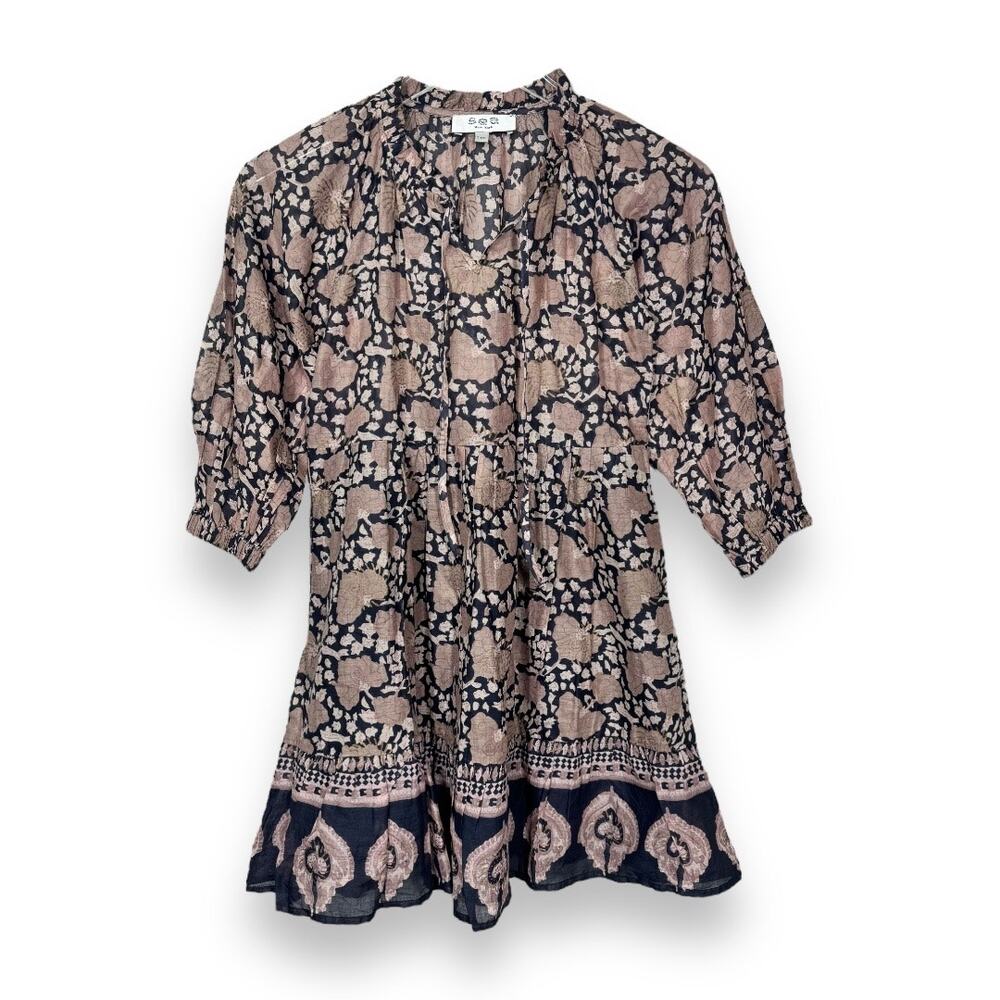 Sea New York Kids Girls Margot Printed Border Dress 7-9 Brown Black Floral Boho